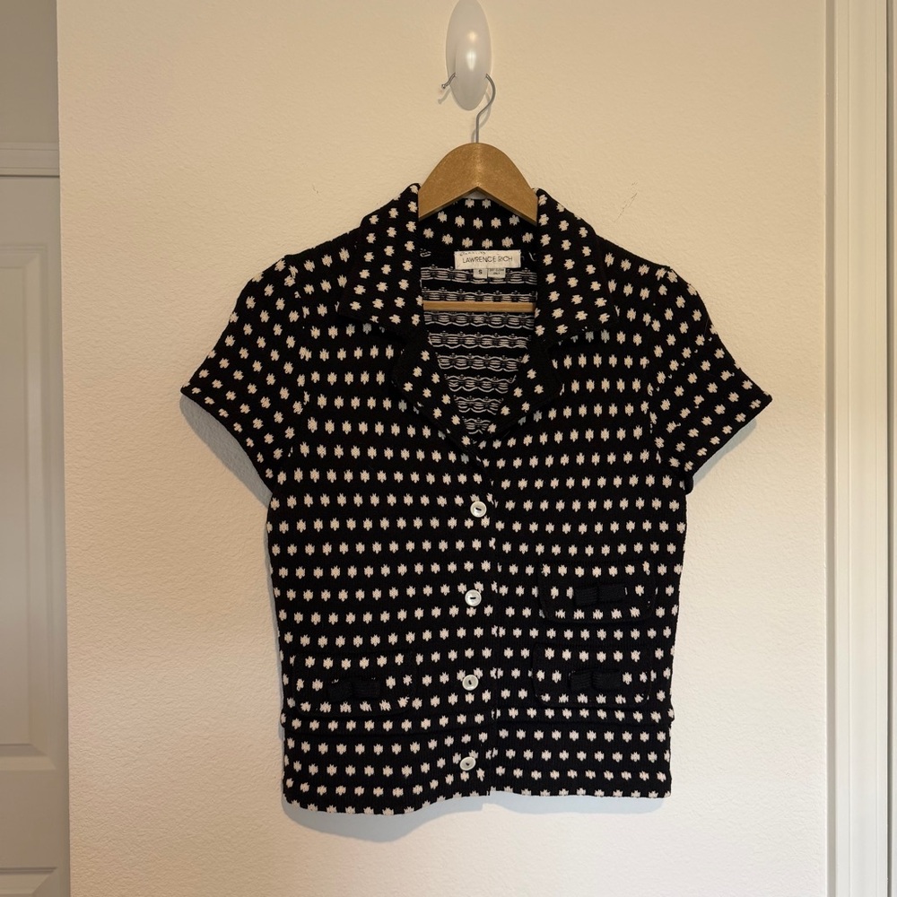 Vintage Lawrence Rich Knit Top sz Small Black Polka Dot Bows Dressy Sweater Chic